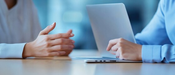 business meeting with laptop: discussing ideas