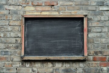 Blank blackboard mounted on an old weathered brick wall