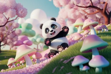 Naklejka premium Adorable 3D panda cub happily plays amidst pastel mushrooms and cherry blossoms in a whimsical, dreamy landscape.