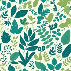 Seamless pattern of foliage in vibrant green and turquoise tones