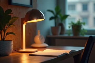 Warm Evening Light Illuminates a Desk with Open Book and Indoor Plants