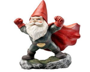 funny garden gnome pretending to be superhero with red cape and fists raised. This whimsical decoration adds charm and humor to any outdoor space