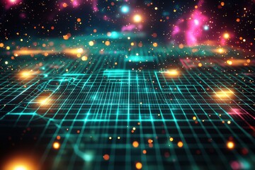Obraz premium A captivating image showcasing a cosmic scene with a grid representing digital data and a vibrant galaxy background, perfect for technology themes.