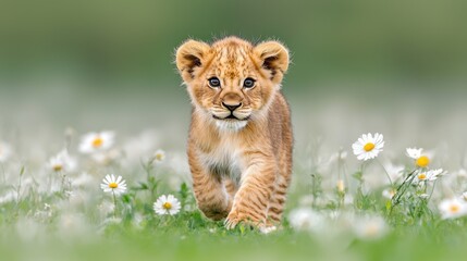 Obraz premium A small lion cub walking through a field of daisies