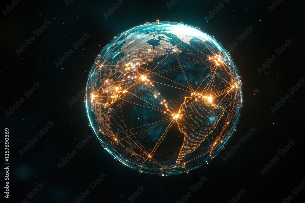 Poster conceptual depiction of global interconnectedness, showing a digital representation of earth with gl