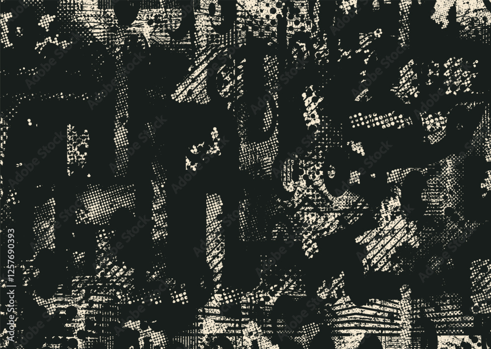 Poster Background with glitch distorted grunge textures . grunge background texture with halftone dots, glitched shapes, textures and lines .Screen print vector background with grunge textured surface.