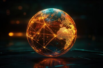 Illuminated globe with network connections, illustrating worldwide technology and the exchange of information in a futuristic environment with a dark atmosphere.