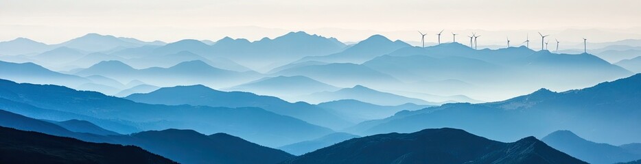 Obraz premium Serene Blue Mountain Range with Wind Turbines on the Horizon a Stunning Vista of Nature and Renewable Energy