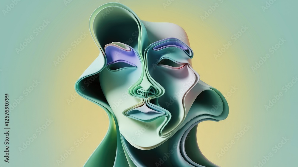 Poster abstract 3d rendering of a face, layered and fluid, pastel colors.