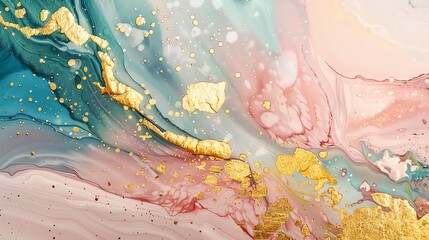 Naklejka premium Abstract painting with a beautiful mix of colors and gold flecks. The painting has a very calming and soothing effect.