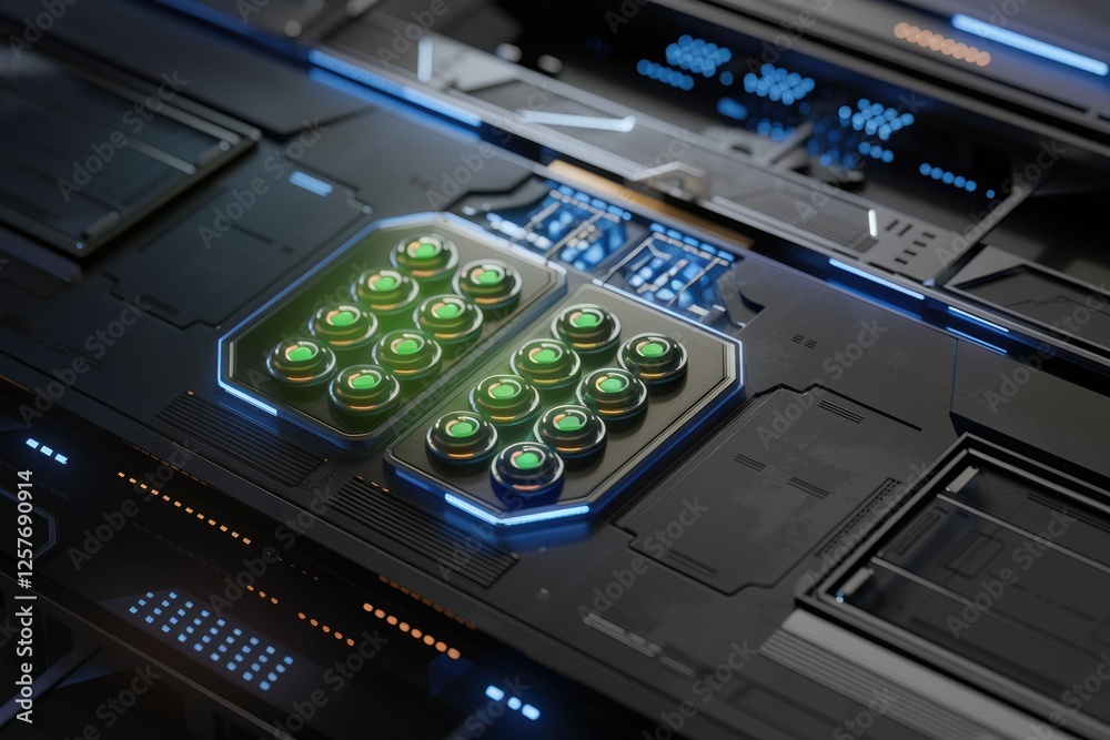 Poster futuristic technology panel with glowing green buttons, intricate design, sci-fi interface.