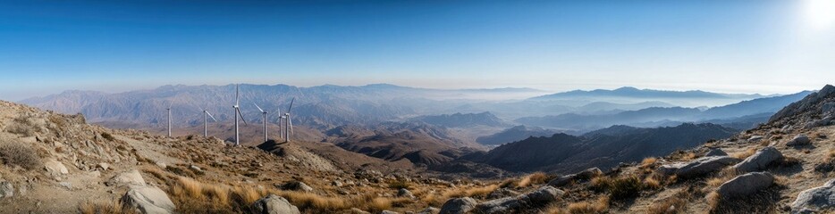 Obraz premium Panoramic View of Wind Turbines in Mountainous Desert Landscape