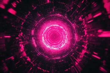 Obraz premium Futuristic digital tunnel with glowing pink lights and circular patterns, creating a sense of technology, data, and cyberspace.