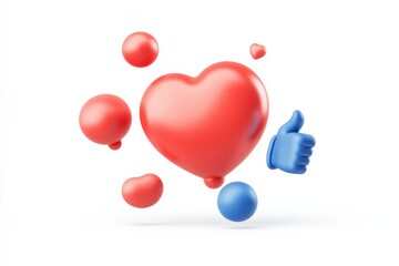 3d render of a like, heart, and spheres