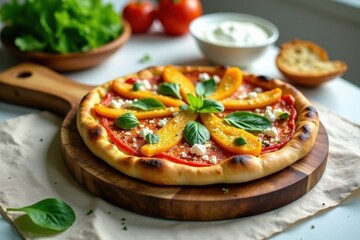 Delicious Homemade Pizza with Roasted Peppers and Feta Cheese on Rustic Wooden Board