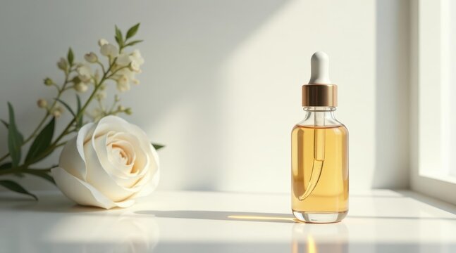 Serene Still Life A Glass Bottle of Golden Elixir with Delicate White Rose and Blossoms in Soft Sunlight