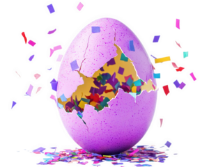 cracked Easter egg with colorful confetti bursting out, creating festive atmosphere. Perfect for celebrations and spring themes
