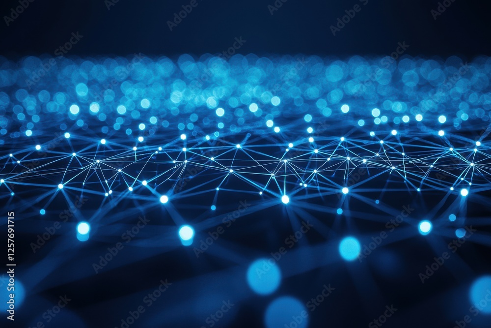 Poster digitally rendered graphic of a network with glowing nodes and connecting lines, symbolizing data fl