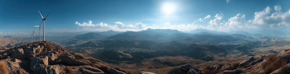 Panoramic View of Wind Turbines on Mountaintop with Expansive Landscape Under Sunny Sky