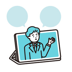 タブレットから説明する若い会社員