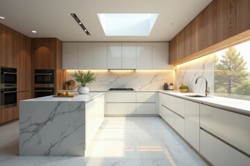 Fototapeta premium Modern Kitchen Design with Luxurious Marble Island and Skylight Featuring Sleek White Cabinets and Warm Wood Accents
