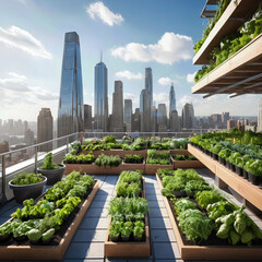Fototapeta premium Urban rooftop garden flourishes under city skyline, bringing nature to new heights, conveying sense of peace and sustainability
