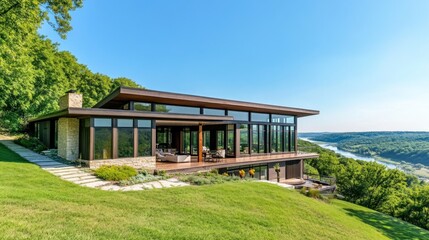 Modern hillside home overlooking river valley