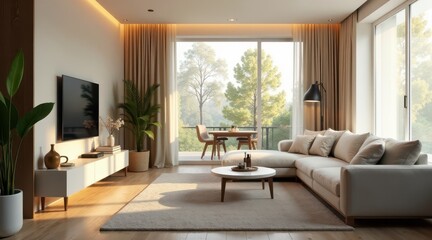 Fototapeta premium Serene Modern Living Room Design with Neutral Tones and Expansive Window Views