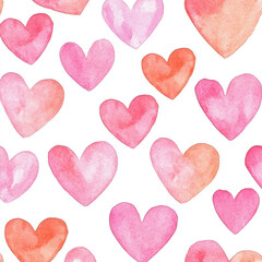 Fototapeta premium A watercolor pattern of soft pink and peach hearts scattered across a white canvas, radiating warmth and charm.