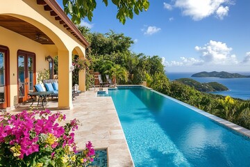 Fototapeta premium Experience luxurious serenity elegant coastal villa with infinity pool overlooking stunning ocean views