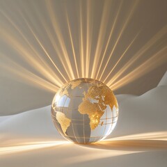 Transparent Globe with Golden Map and Radiating Light on Smooth White Surface.A Visual Composition of a Transparent Globe with Golden Map.A  Image Shows a Sphere with Gold Map and Light Radiating