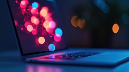 laptop displaying colorful network visualization