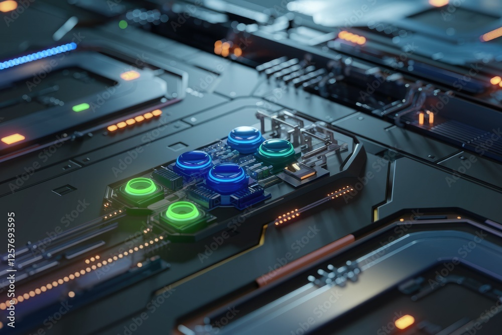 Poster Futuristic technology circuit board with glowing buttons, showcasing advanced electronics and innovation.