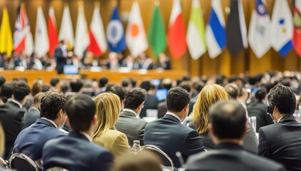 Global Dialogue: A diverse audience attentively listens to a speaker at a conference hall, with flags of various nations displayed in the background, symbolizing global unity and communication.