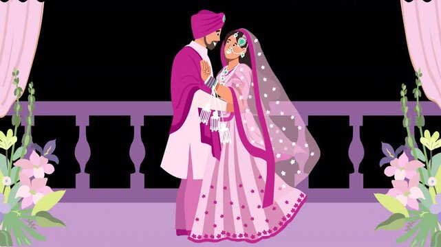 Represent a Punjabi wedding with 2D flat character animation. Characters engage in traditional wedding rituals, such as the Anand Karaj ceremony, in a simple, clean design.