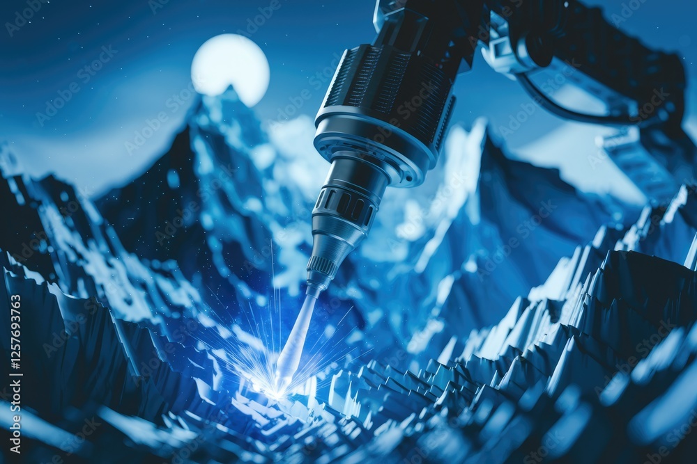 Aufkleber robotic arm precisely carves intricate details into a 3d-printed model resembling a mountain range.