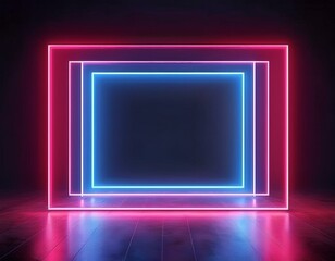 3D render of an abstract minimal geometric background featuring glowing neon lines Illumination from a stage laser show creates blank rectangular shapes and square frames ideal for virtual reality