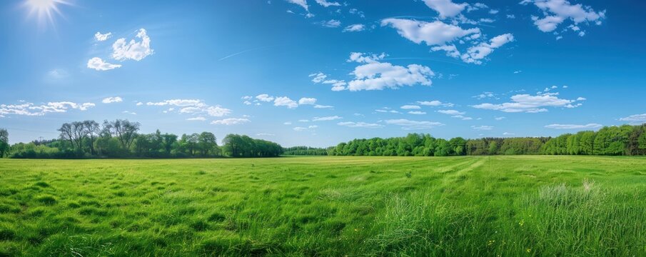 meadow grass field panorama view green blue sky and tree background