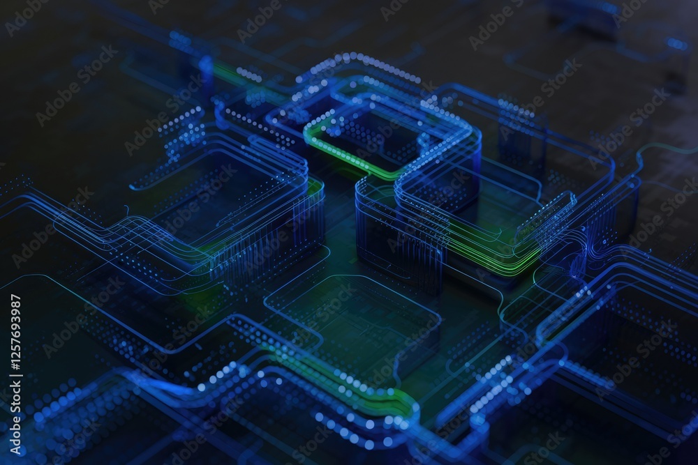 Poster abstract 3d rendering of a futuristic circuit board with glowing blue and green lines, representing 