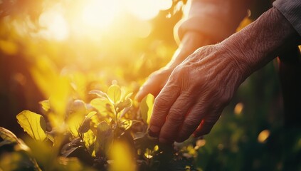 Golden Hour Gardening: Close-up of weathered hands gently tending to young plants, bathed in the warm, golden light of the setting sun.  A poignant image representing care, growth.