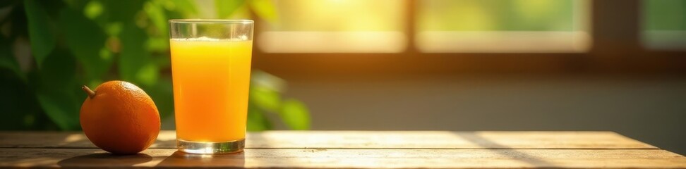Sunlit glass of orange juice beside a vibrant green plant on a wooden table , light, leaf