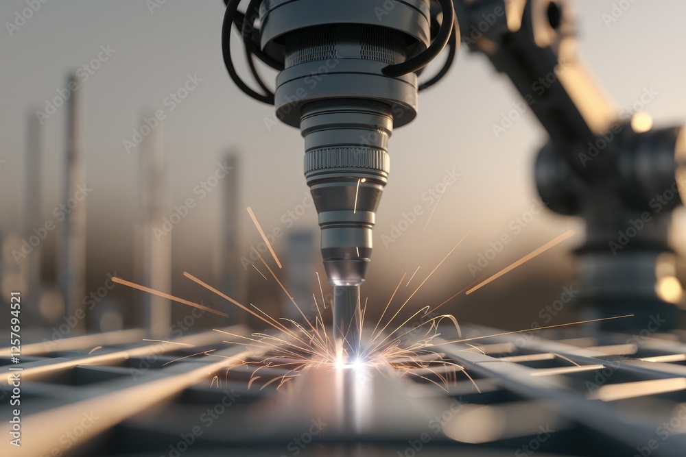 Poster A robotic arm uses laser welding technology to precisely join metal components, creating sparks.