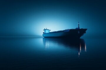 A cargo ship is sailing on a calm sea surface