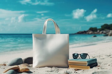 Beach Escape Essentials: A blank white tote bag rests on the pristine sand of a tropical beach, accompanied by a stack of books and stylish sunglasses.