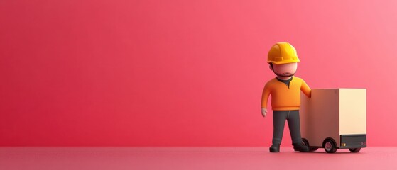 cartoon construction worker with box on wheels