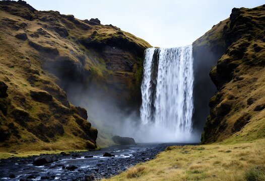 Sk?gafoss Waterfall: Majestic cascading waters amidst rugged mossy Icelandic landscape - Powered by Adobe