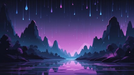Surreal Purple Landscape with Falling Lights