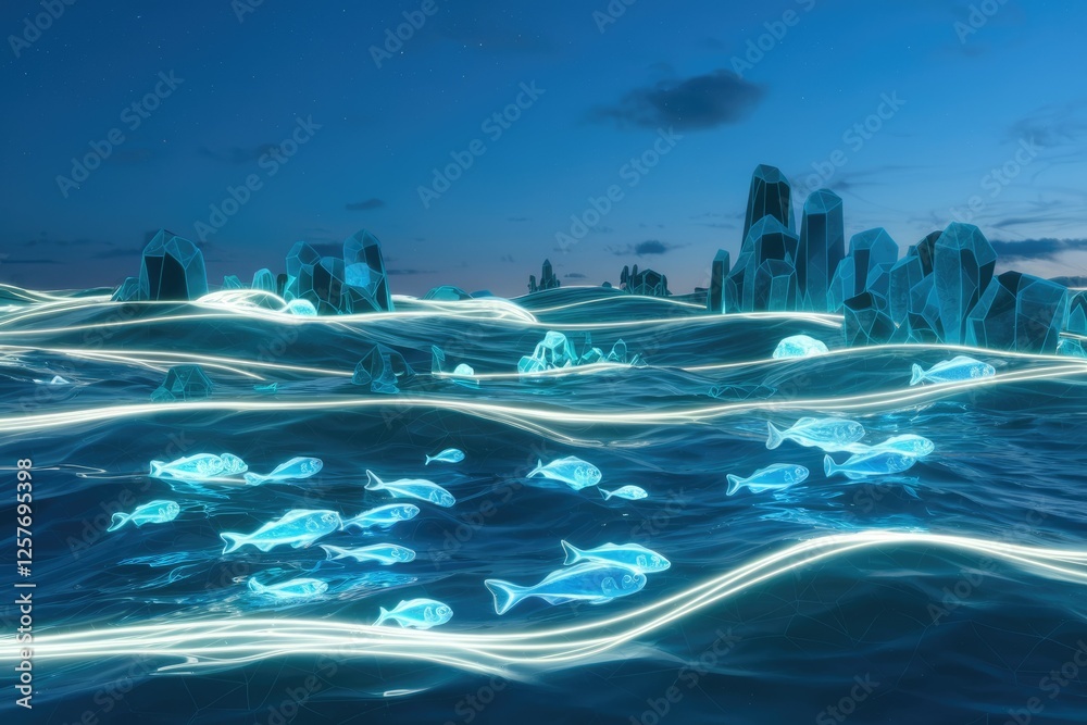 Poster digital ocean scene with glowing fish and crystal structures swimming at night.