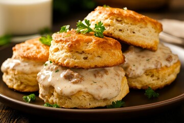 Fototapeta premium Delicious breakfast dish featuring biscuits, gravy, and sausage on a plate, drizzled with savory sauce and seasoned with pepper