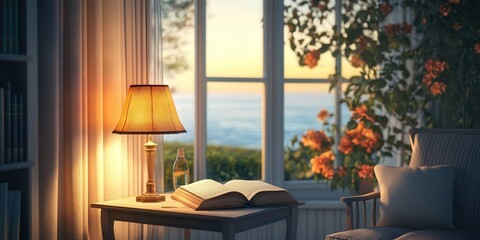 reading table at the window, featuring a warm lamp, a comfortable chair, and a view of the garden or ocean, offering the perfect escape for book lovers
